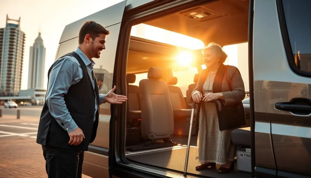 A warm, inviting scene depicting an elderly transportation service in Dubai. In the foreground, a friendly driver, dressed in professional attire, assists an elderly woman with a cane as she enters a comfortable, accessible vehicle. The middle layer showcases the vehicle, a spacious van equipped with ramps for mobility aids, with the interior visible, highlighting safety belts and supportive seating. In the background, iconic Dubai architecture glimmers in the soft afternoon light, creating a modern urban atmosphere. The sun casts a golden hue, enhancing the sense of safety and care. The mood is uplifting and reassuring, portraying the commitment to safe travel for the elderly in a vibrant, cosmopolitan setting. A warm, inviting scene depicting an elderly transportation service in Dubai. In the foreground, a friendly driver, dressed in professional attire, assists an elderly woman with a cane as she enters a comfortable, accessible vehicle. The middle layer showcases the vehicle, a spacious van equipped with ramps for mobility aids, with the interior visible, highlighting safety belts and supportive seating. In the background, iconic Dubai architecture glimmers in the soft afternoon light, creating a modern urban atmosphere. The sun casts a golden hue, enhancing the sense of safety and care. The mood is uplifting and reassuring, portraying the commitment to safe travel for the elderly in a vibrant, cosmopolitan setting.
