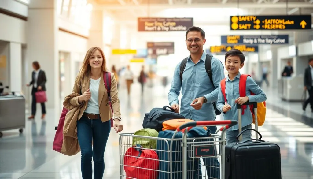 A family of four stands together at an airport terminal, exuding a sense of safety and preparedness. In the foreground, a mother and father, dressed in smart casual attire, hold hands with their two children, who carry colorful backpacks. The middle ground features a luggage cart filled with well-organized bags, emphasizing the importance of safe travel logistics. In the background, a busy airport scene unfolds with clear signs indicating safety protocols and a friendly staff member assisting travelers. Bright, natural lighting fills the space, creating an inviting atmosphere. The angle is slightly elevated, capturing the family in a candid moment of joy and relief as they navigate their airport experience. The mood reflects security and reliability, highlighting the commitment to family safety during travel. A family of four stands together at an airport terminal, exuding a sense of safety and preparedness. In the foreground, a mother and father, dressed in smart casual attire, hold hands with their two children, who carry colorful backpacks. The middle ground features a luggage cart filled with well-organized bags, emphasizing the importance of safe travel logistics. In the background, a busy airport scene unfolds with clear signs indicating safety protocols and a friendly staff member assisting travelers. Bright, natural lighting fills the space, creating an inviting atmosphere. The angle is slightly elevated, capturing the family in a candid moment of joy and relief as they navigate their airport experience. The mood reflects security and reliability, highlighting the commitment to family safety during travel.