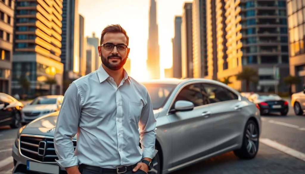 A professional, well-dressed designated driver standing confidently in front of a sleek, luxurious car in the vibrant streets of Dubai. The foreground showcases the driver, a Middle-Eastern man, wearing a crisp white shirt and dark trousers, exuding professionalism. In the middle ground, the polished car gleams under the warm, golden sunlight, with the iconic Burj Khalifa visible in the background amidst modern skyscrapers. The scene is bathed in soft, ambient lighting that highlights the elegance of the surroundings. A sunset sky casts a warm hue over the city, creating a welcoming and safe atmosphere. The overall mood is one of reliability and sophistication, underscoring the essence of designated driver services. A professional, well-dressed designated driver standing confidently in front of a sleek, luxurious car in the vibrant streets of Dubai. The foreground showcases the driver, a Middle-Eastern man, wearing a crisp white shirt and dark trousers, exuding professionalism. In the middle ground, the polished car gleams under the warm, golden sunlight, with the iconic Burj Khalifa visible in the background amidst modern skyscrapers. The scene is bathed in soft, ambient lighting that highlights the elegance of the surroundings. A sunset sky casts a warm hue over the city, creating a welcoming and safe atmosphere. The overall mood is one of reliability and sophistication, underscoring the essence of designated driver services.