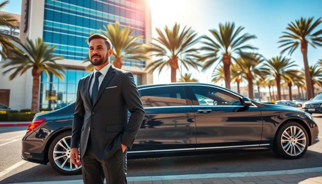 A luxurious executive transportation scene set in the vibrant streets of the UAE. In the foreground, a well-dressed professional driver in a tailored suit stands beside a sleek black luxury sedan, waiting at a designated drop-off area. The middle ground showcases a high-end corporate building with modern architecture, gleaming glass façades reflecting the bright sun. Palm trees and a clear blue sky frame the scene, suggesting an upscale environment. The lighting is bright and inviting, highlighting the polished surfaces of the car and the driver's professionalism. The image captures a sense of reliability, elegance, and sophistication, representing the premium service offered to executives in the UAE. A luxurious executive transportation scene set in the vibrant streets of the UAE. In the foreground, a well-dressed professional driver in a tailored suit stands beside a sleek black luxury sedan, waiting at a designated drop-off area. The middle ground showcases a high-end corporate building with modern architecture, gleaming glass façades reflecting the bright sun. Palm trees and a clear blue sky frame the scene, suggesting an upscale environment. The lighting is bright and inviting, highlighting the polished surfaces of the car and the driver's professionalism. The image captures a sense of reliability, elegance, and sophistication, representing the premium service offered to executives in the UAE.