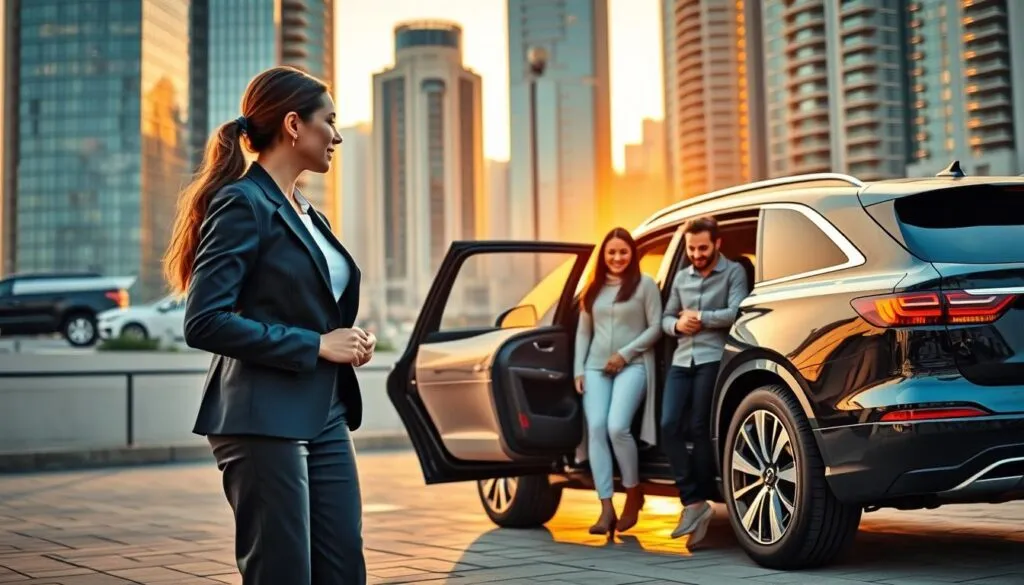 A professional personal driver service scene set in a luxurious urban environment of the UAE. In the foreground, a well-dressed female driver in professional attire stands next to a sleek, high-end luxury SUV, holding the door open for a smiling family in modest, casual clothing. The middle layer features the family, comprising two parents and two children, who appear relaxed and happy, interacting as they prepare to enter the vehicle. In the background, a vibrant cityscape showcases modern skyscrapers bathed in warm, golden sunset light, casting soft reflections on the vehicle. The atmosphere conveys a sense of safety, reliability, and comfort, with a slight lens blur to emphasize the subjects in focus. The overall mood is welcoming and professional, perfect for illustrating the importance of personal driver services for families. A professional personal driver service scene set in a luxurious urban environment of the UAE. In the foreground, a well-dressed female driver in professional attire stands next to a sleek, high-end luxury SUV, holding the door open for a smiling family in modest, casual clothing. The middle layer features the family, comprising two parents and two children, who appear relaxed and happy, interacting as they prepare to enter the vehicle. In the background, a vibrant cityscape showcases modern skyscrapers bathed in warm, golden sunset light, casting soft reflections on the vehicle. The atmosphere conveys a sense of safety, reliability, and comfort, with a slight lens blur to emphasize the subjects in focus. The overall mood is welcoming and professional, perfect for illustrating the importance of personal driver services for families.
