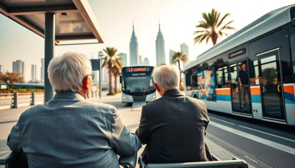 An elderly couple waiting at a well-organized bus stop in Dubai, showcasing a public transport system designed for accessibility. In the foreground, the couple, dressed in professional business attire, is sitting comfortably on a bench, with visible supportive features like armrests and seatbacks tailored for their needs. The middle space features a modern, low-floor bus approaching, equipped with a ramp for easy entry. In the background, the skyline of Dubai is visible, with iconic buildings under a bright, sunny sky and palm trees swaying gently. Soft, natural lighting enhances the scene, creating an atmosphere of safety and community support. The angle captures the couple’s hopeful expressions as they prepare for a safe journey. An elderly couple waiting at a well-organized bus stop in Dubai, showcasing a public transport system designed for accessibility. In the foreground, the couple, dressed in professional business attire, is sitting comfortably on a bench, with visible supportive features like armrests and seatbacks tailored for their needs. The middle space features a modern, low-floor bus approaching, equipped with a ramp for easy entry. In the background, the skyline of Dubai is visible, with iconic buildings under a bright, sunny sky and palm trees swaying gently. Soft, natural lighting enhances the scene, creating an atmosphere of safety and community support. The angle captures the couple’s hopeful expressions as they prepare for a safe journey.
