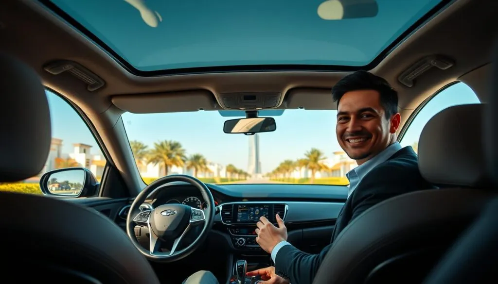 A reliable driver in Dubai Hills Estate seated inside a luxury sedan, showcasing professionalism and confidence. The driver, dressed in smart casual attire, is smiling while holding the steering wheel, surrounded by an elegant, well-maintained interior. In the foreground, the sleek dashboard displays a high-tech navigation system. The middle ground features the vibrant greenery of Dubai Hills Estate visible through the tinted windows, with glimpses of modern villas and palm trees creating a serene atmosphere. In the background, the iconic Burj Khalifa can be seen against a clear blue sky, symbolizing safety and luxury in transportation. The lighting is warm and inviting, highlighting the driver’s focus and the car’s sophisticated details, capturing an overall mood of trust and safety in transport services. A reliable driver in Dubai Hills Estate seated inside a luxury sedan, showcasing professionalism and confidence. The driver, dressed in smart casual attire, is smiling while holding the steering wheel, surrounded by an elegant, well-maintained interior. In the foreground, the sleek dashboard displays a high-tech navigation system. The middle ground features the vibrant greenery of Dubai Hills Estate visible through the tinted windows, with glimpses of modern villas and palm trees creating a serene atmosphere. In the background, the iconic Burj Khalifa can be seen against a clear blue sky, symbolizing safety and luxury in transportation. The lighting is warm and inviting, highlighting the driver’s focus and the car’s sophisticated details, capturing an overall mood of trust and safety in transport services.