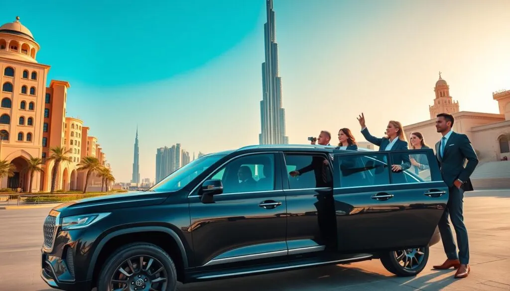 A luxurious scene depicting a group of diverse tourists in professional business attire enjoying a private city tour in Dubai. In the foreground, a pristine, sleek black luxury SUV waits, with the Burj Khalifa towering in the background, glimmering under the warm, golden sunlight. The middle layer showcases the tourists stepping out of the vehicle, inspired expressions as they point at iconic landmarks. Enhance the atmosphere with vibrant colors—deep blues of the sky contrasting with the sandy beige tones of the architecture. Use a wide-angle lens to capture the expansive cityscape, infused with a sense of opulence and adventure. The overall mood is one of excitement and elegance, inviting viewers to indulge in an unforgettable experience. A luxurious scene depicting a group of diverse tourists in professional business attire enjoying a private city tour in Dubai. In the foreground, a pristine, sleek black luxury SUV waits, with the Burj Khalifa towering in the background, glimmering under the warm, golden sunlight. The middle layer showcases the tourists stepping out of the vehicle, inspired expressions as they point at iconic landmarks. Enhance the atmosphere with vibrant colors—deep blues of the sky contrasting with the sandy beige tones of the architecture. Use a wide-angle lens to capture the expansive cityscape, infused with a sense of opulence and adventure. The overall mood is one of excitement and elegance, inviting viewers to indulge in an unforgettable experience.