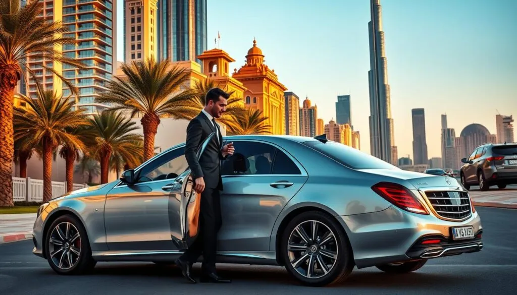 A luxurious chauffeur-driven sedan parked elegantly against the backdrop of Dubai's iconic skyline, showcasing modern skyscrapers and traditional architecture bathed in golden sunlight. In the foreground, a professionally attired chauffeur stands at the driver's door, ready to assist a well-dressed passenger who is stepping out of the vehicle, embodying sophistication and comfort. The middle ground captures a sleek road lined with palm trees, enhancing the lavish atmosphere. The background features the Burj Khalifa and other architectural landmarks, skillfully blending the allure of modernity with cultural richness. The lighting is warm and inviting, with a soft sunset glow highlighting the opulence of luxury transportation in the UAE, evoking a sense of exclusivity and indulgence. A luxurious chauffeur-driven sedan parked elegantly against the backdrop of Dubai's iconic skyline, showcasing modern skyscrapers and traditional architecture bathed in golden sunlight. In the foreground, a professionally attired chauffeur stands at the driver's door, ready to assist a well-dressed passenger who is stepping out of the vehicle, embodying sophistication and comfort. The middle ground captures a sleek road lined with palm trees, enhancing the lavish atmosphere. The background features the Burj Khalifa and other architectural landmarks, skillfully blending the allure of modernity with cultural richness. The lighting is warm and inviting, with a soft sunset glow highlighting the opulence of luxury transportation in the UAE, evoking a sense of exclusivity and indulgence.