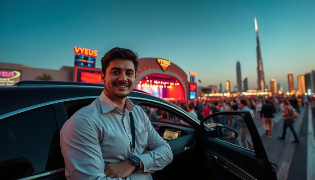 A professional concert driver in a sleek, modern vehicle, parked in front of a vibrant concert venue in Dubai, showcasing the spirit of event transportation. In the foreground, the driver, dressed in a professional attire, is confidently leaning against the car, with a friendly and approachable expression. The middle ground features the concert venue bustling with excited attendees arriving for a show, illuminated by colorful stage lights that cast an energetic glow. In the background, the Dubai skyline is visible, with iconic buildings like the Burj Khalifa under a clear twilight sky, enhancing the atmosphere. Capture the excitement and reliability of event transport, using a wide-angle lens to encompass the lively scene and warm, inviting lighting for an uplifting mood. A professional concert driver in a sleek, modern vehicle, parked in front of a vibrant concert venue in Dubai, showcasing the spirit of event transportation. In the foreground, the driver, dressed in a professional attire, is confidently leaning against the car, with a friendly and approachable expression. The middle ground features the concert venue bustling with excited attendees arriving for a show, illuminated by colorful stage lights that cast an energetic glow. In the background, the Dubai skyline is visible, with iconic buildings like the Burj Khalifa under a clear twilight sky, enhancing the atmosphere. Capture the excitement and reliability of event transport, using a wide-angle lens to encompass the lively scene and warm, inviting lighting for an uplifting mood.