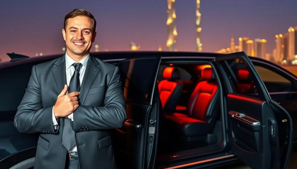 A professional chauffeur in a sleek black suit stands confidently next to a luxurious black limousine, showcasing reliable event transportation. In the foreground, the chauffeur adjusts his tie with a calm and friendly expression, exuding professionalism. In the middle ground, the open doors of the limousine reveal plush leather seating, waiting for concert attendees. The background features a vibrant Dubai skyline illuminated by evening lights, with the iconic Burj Khalifa visible against a deepening blue sky. The warm, soft lighting highlights the polished surfaces of the car, creating an inviting atmosphere. Capture the essence of luxury and reliability in event transport, emphasizing the importance of a professional driver for a seamless concert experience. A professional chauffeur in a sleek black suit stands confidently next to a luxurious black limousine, showcasing reliable event transportation. In the foreground, the chauffeur adjusts his tie with a calm and friendly expression, exuding professionalism. In the middle ground, the open doors of the limousine reveal plush leather seating, waiting for concert attendees. The background features a vibrant Dubai skyline illuminated by evening lights, with the iconic Burj Khalifa visible against a deepening blue sky. The warm, soft lighting highlights the polished surfaces of the car, creating an inviting atmosphere. Capture the essence of luxury and reliability in event transport, emphasizing the importance of a professional driver for a seamless concert experience.