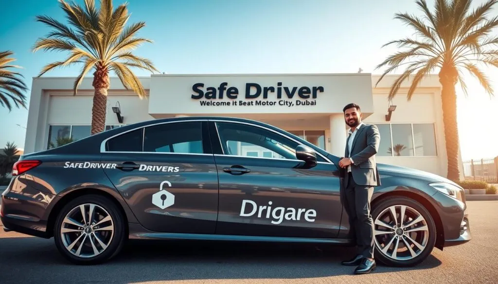 A modern, sleek car parked in front of a stylish transportation office in Motor City, Dubai, showcasing the 