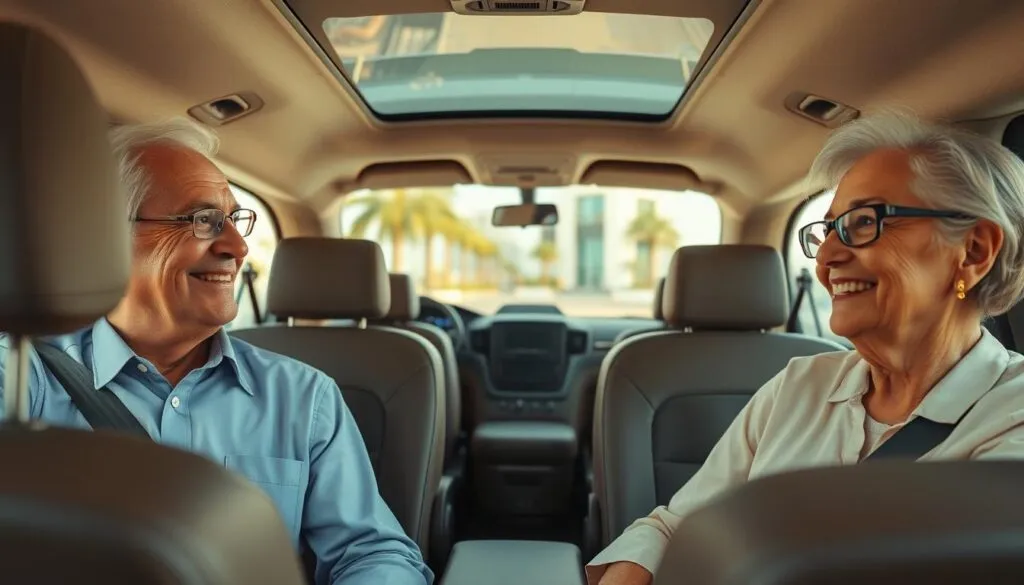 A serene scene depicting an elderly couple comfortably seated in a modern, well-equipped vehicle designed for senior citizen transportation. The foreground features the couple, the man in a neatly pressed shirt and the woman in a modest blouse, both smiling and enjoying their ride. In the middle, the interior of the vehicle is spacious with supportive seating, warm lighting, and safety features visible, such as seat belts and grab bars. The background shows a scenic view of the UAE landscape, highlighting palm trees and modern architecture through the windows. The atmosphere is warm and inviting, evoking feelings of safety, comfort, and reliability. Capture this moment with gentle, diffused lighting, and a focus on the couple that conveys a sense of peace and contentment. A serene scene depicting an elderly couple comfortably seated in a modern, well-equipped vehicle designed for senior citizen transportation. The foreground features the couple, the man in a neatly pressed shirt and the woman in a modest blouse, both smiling and enjoying their ride. In the middle, the interior of the vehicle is spacious with supportive seating, warm lighting, and safety features visible, such as seat belts and grab bars. The background shows a scenic view of the UAE landscape, highlighting palm trees and modern architecture through the windows. The atmosphere is warm and inviting, evoking feelings of safety, comfort, and reliability. Capture this moment with gentle, diffused lighting, and a focus on the couple that conveys a sense of peace and contentment.
