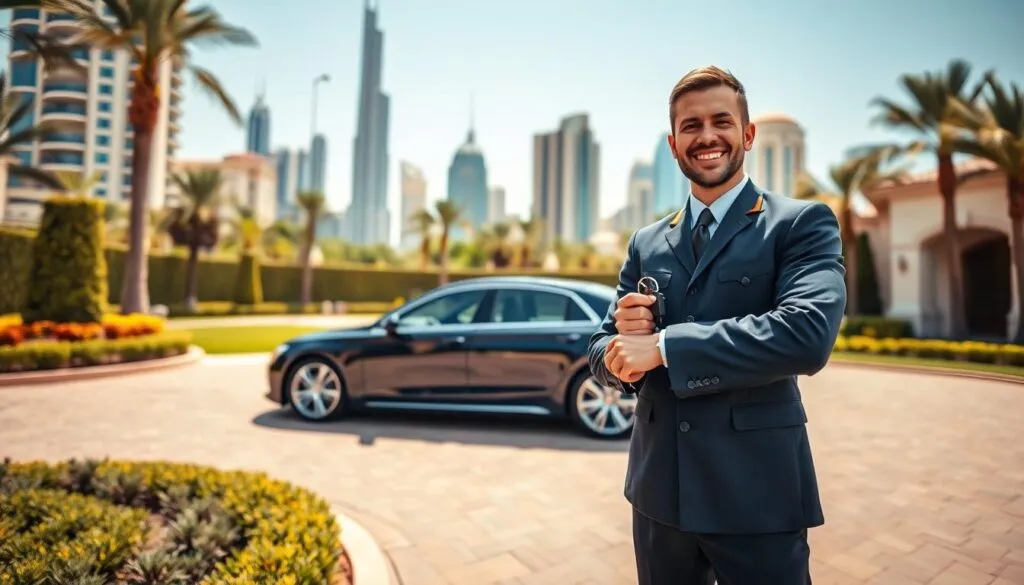 A professional driver in a crisp, navy blue uniform stands confidently beside a sleek, black luxury sedan parked in a beautifully landscaped driveway in Dubai. The foreground features warm natural lighting, highlighting the driver’s approachable smile as he holds a set of car keys, embodying trust and reliability. In the middle ground, the luxurious sedan gleams in the sunlight, showcasing its polished exterior and inviting interior. The background reveals iconic Dubai architecture, blending modern skyscrapers and traditional elements under a clear blue sky, creating a harmonious urban atmosphere. The scene radiates professionalism and safety, emphasizing the quality of service that sets Safe Driver Al Safa apart, while capturing a sense of warmth and approachability. A professional driver in a crisp, navy blue uniform stands confidently beside a sleek, black luxury sedan parked in a beautifully landscaped driveway in Dubai. The foreground features warm natural lighting, highlighting the driver’s approachable smile as he holds a set of car keys, embodying trust and reliability. In the middle ground, the luxurious sedan gleams in the sunlight, showcasing its polished exterior and inviting interior. The background reveals iconic Dubai architecture, blending modern skyscrapers and traditional elements under a clear blue sky, creating a harmonious urban atmosphere. The scene radiates professionalism and safety, emphasizing the quality of service that sets Safe Driver Al Safa apart, while capturing a sense of warmth and approachability.