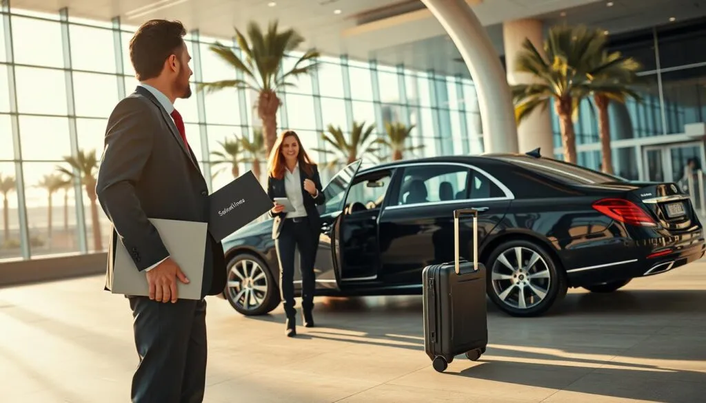 A modern, luxurious airport transfer scene in Dubai. In the foreground, a professional, punctual driver in a suit stands beside a sleek black luxury sedan, holding a sign with a guest's name. In the middle ground, a traveler, dressed in smart casual attire, appears relieved and ready to embark, rolling a suitcase beside them. The background showcases the iconic Dubai airport terminal, with its glass architecture reflecting bright sunlight and palm trees swaying gently. The lighting is warm and inviting, creating a sense of comfort and reliability. The angle captures both the car and the airport, emphasizing the seamless connection between the driver and the travel experience, fostering a mood of trust and professionalism. A modern, luxurious airport transfer scene in Dubai. In the foreground, a professional, punctual driver in a suit stands beside a sleek black luxury sedan, holding a sign with a guest's name. In the middle ground, a traveler, dressed in smart casual attire, appears relieved and ready to embark, rolling a suitcase beside them. The background showcases the iconic Dubai airport terminal, with its glass architecture reflecting bright sunlight and palm trees swaying gently. The lighting is warm and inviting, creating a sense of comfort and reliability. The angle captures both the car and the airport, emphasizing the seamless connection between the driver and the travel experience, fostering a mood of trust and professionalism.