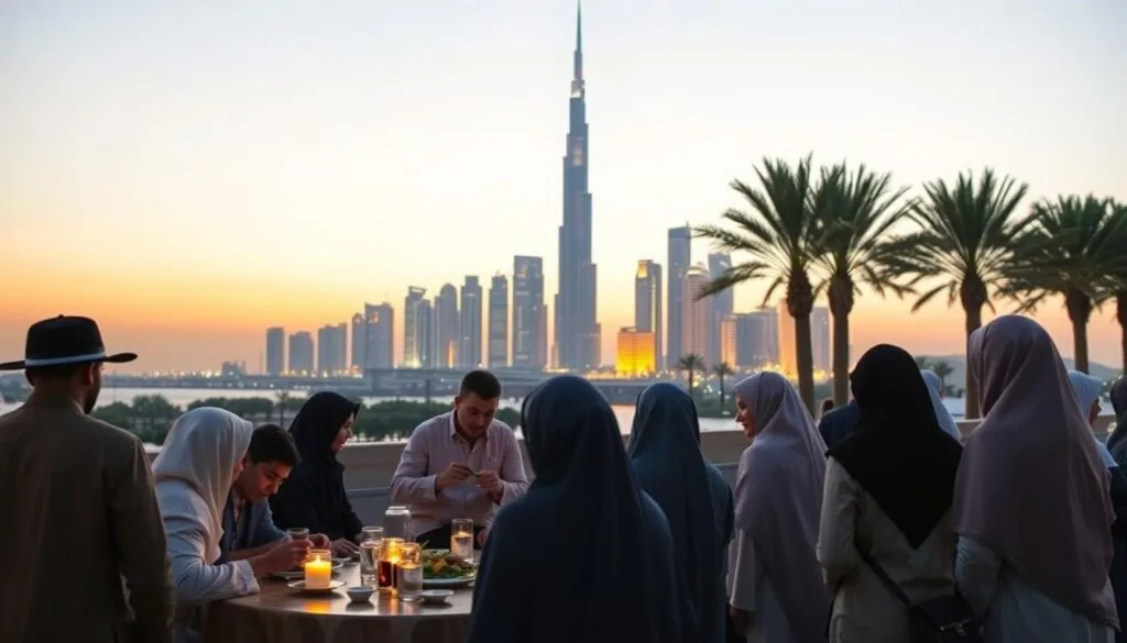 A serene scene depicting respectful travel during Ramadan in Dubai. In the foreground, a diverse group of individuals in modest casual clothing, including men in traditional thobes and women in hijabs, are sharing a meal at sunset, symbolizing Iftar. In the middle ground, an elegant Dubai skyline, featuring iconic buildings like the Burj Khalifa, illuminated softly by golden twilight. Palm trees gently sway in a light breeze, adding a tropical feel. In the background, a clear sky transitions from warm oranges to deep blues, creating a tranquil atmosphere. The scene should be well-lit, reminiscent of golden hour, conveying feelings of community, respect, and peace, with a focus on harmonious travel experiences during Ramadan. A serene scene depicting respectful travel during Ramadan in Dubai. In the foreground, a diverse group of individuals in modest casual clothing, including men in traditional thobes and women in hijabs, are sharing a meal at sunset, symbolizing Iftar. In the middle ground, an elegant Dubai skyline, featuring iconic buildings like the Burj Khalifa, illuminated softly by golden twilight. Palm trees gently sway in a light breeze, adding a tropical feel. In the background, a clear sky transitions from warm oranges to deep blues, creating a tranquil atmosphere. The scene should be well-lit, reminiscent of golden hour, conveying feelings of community, respect, and peace, with a focus on harmonious travel experiences during Ramadan.