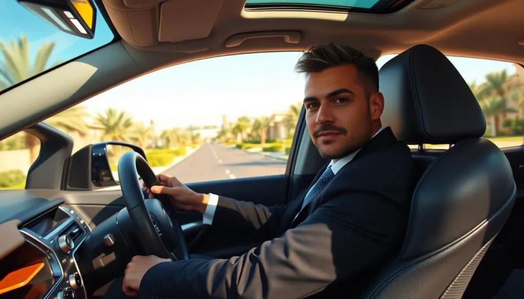 A reliable driver in a smart, professional outfit is seated in a modern, sleek vehicle, looking confidently at the camera. The foreground features the driver’s focused expression as they hold the steering wheel, emphasizing trust and responsibility. In the middle ground, a well-maintained road is visible, lined with lush greenery characteristic of Damac Hills 2, creating a vibrant and secure driving environment. The background includes a clear blue sky and distant upscale homes, showcasing the community's charm. The scene is illuminated by warm, natural sunlight, enhancing the inviting atmosphere. The angle is slightly from the driver's side, providing a view that suggests safety and reliability, perfect for illustrating a committed approach to secure driving. A reliable driver in a smart, professional outfit is seated in a modern, sleek vehicle, looking confidently at the camera. The foreground features the driver’s focused expression as they hold the steering wheel, emphasizing trust and responsibility. In the middle ground, a well-maintained road is visible, lined with lush greenery characteristic of Damac Hills 2, creating a vibrant and secure driving environment. The background includes a clear blue sky and distant upscale homes, showcasing the community's charm. The scene is illuminated by warm, natural sunlight, enhancing the inviting atmosphere. The angle is slightly from the driver's side, providing a view that suggests safety and reliability, perfect for illustrating a committed approach to secure driving.