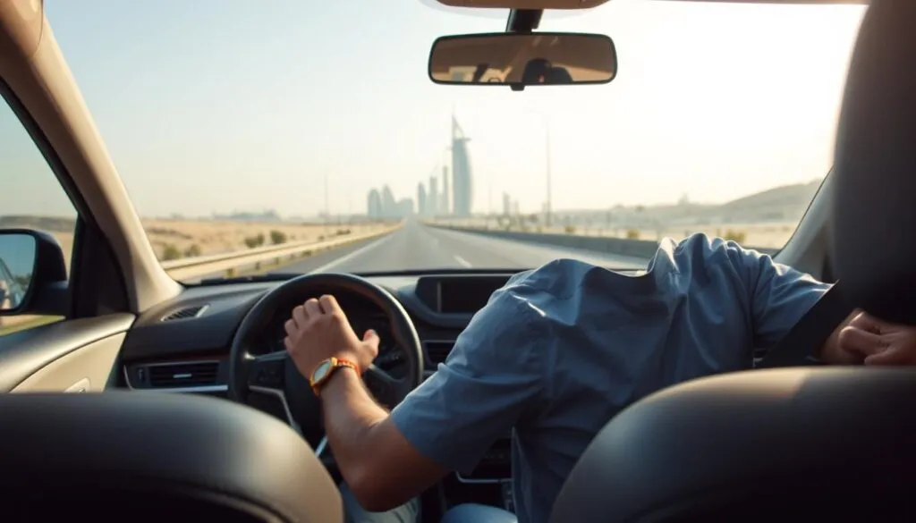 A serene highway scene showcasing the importance of safe driving between Dubai and Sharjah. In the foreground, a focused, professional driver in modest casual attire, adjusting their seatbelt, embodies responsible driving behavior. The middle ground features a well-maintained car with clearly visible safety features, while also displaying the picturesque desert landscape typical of the region. In the background, iconic Dubai landmarks are subtly visible under a bright, clear sky, emphasizing destination safety. Soft, natural lighting creates a welcoming atmosphere, and the camera angle is slightly tilted to give a dynamic perspective of the road ahead. The overall mood is attentive and inspiring, emphasizing the significance of being a safe driver. A serene highway scene showcasing the importance of safe driving between Dubai and Sharjah. In the foreground, a focused, professional driver in modest casual attire, adjusting their seatbelt, embodies responsible driving behavior. The middle ground features a well-maintained car with clearly visible safety features, while also displaying the picturesque desert landscape typical of the region. In the background, iconic Dubai landmarks are subtly visible under a bright, clear sky, emphasizing destination safety. Soft, natural lighting creates a welcoming atmosphere, and the camera angle is slightly tilted to give a dynamic perspective of the road ahead. The overall mood is attentive and inspiring, emphasizing the significance of being a safe driver.