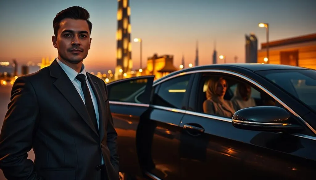 A sleek, modern scene illustrating a designated driver service in Dubai. In the foreground, a professional driver wearing a smart, tailored uniform stands confidently next to a luxurious car. The car gleams under the warm glow of evening lights, capturing the high-end feel of Dubai. In the middle ground, a stylish couple dressed in smart casual attire is seen entering the vehicle, exuding an air of sophistication. The background showcases iconic Dubai architecture, such as the Burj Khalifa, with its stunning silhouette against a twilight sky. The mood is polished and inviting, emphasizing safety and reliability. Soft, ambient lighting enhances the atmosphere, creating a sense of luxury and professionalism. The angle is slightly elevated, providing a dynamic view of the scene. A sleek, modern scene illustrating a designated driver service in Dubai. In the foreground, a professional driver wearing a smart, tailored uniform stands confidently next to a luxurious car. The car gleams under the warm glow of evening lights, capturing the high-end feel of Dubai. In the middle ground, a stylish couple dressed in smart casual attire is seen entering the vehicle, exuding an air of sophistication. The background showcases iconic Dubai architecture, such as the Burj Khalifa, with its stunning silhouette against a twilight sky. The mood is polished and inviting, emphasizing safety and reliability. Soft, ambient lighting enhances the atmosphere, creating a sense of luxury and professionalism. The angle is slightly elevated, providing a dynamic view of the scene.