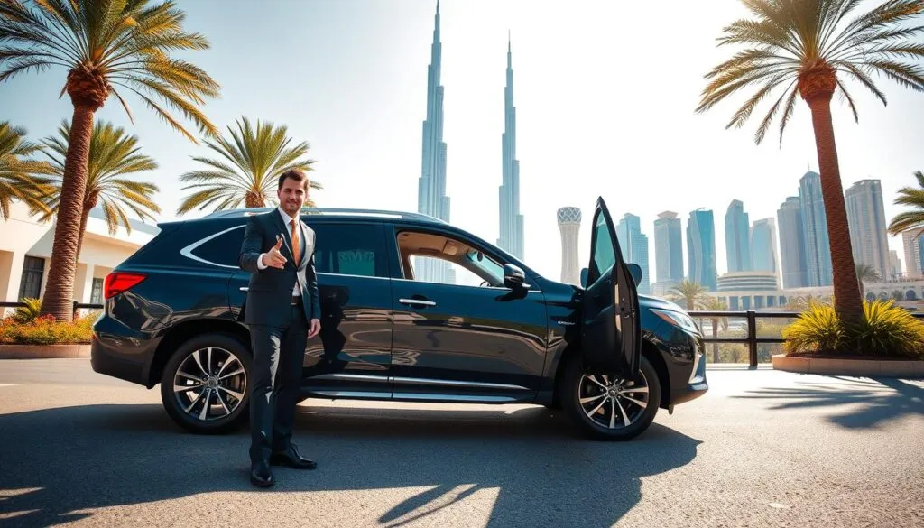 A luxurious SUV parked in a vibrant Dubai street, with a friendly, professional driver in business attire standing beside it, ready to assist. In the foreground, the driver gestures towards the passenger side, inviting exploration of the city. The middle ground features iconic Dubai landmarks like the Burj Khalifa and the Dubai Mall, clearly visible under the bright, sunny sky, creating an inviting atmosphere. In the background, palm trees sway gently, hinting at the warm climate, while a few modern skyscrapers add to the city's dynamic skyline. The image is bright and well-lit, capturing the essence of comfort and style associated with a personal tour. A wide-angle view enhances the spaciousness, conveying a sense of freedom and adventure as one prepares to explore Dubai in comfort. A luxurious SUV parked in a vibrant Dubai street, with a friendly, professional driver in business attire standing beside it, ready to assist. In the foreground, the driver gestures towards the passenger side, inviting exploration of the city. The middle ground features iconic Dubai landmarks like the Burj Khalifa and the Dubai Mall, clearly visible under the bright, sunny sky, creating an inviting atmosphere. In the background, palm trees sway gently, hinting at the warm climate, while a few modern skyscrapers add to the city's dynamic skyline. The image is bright and well-lit, capturing the essence of comfort and style associated with a personal tour. A wide-angle view enhances the spaciousness, conveying a sense of freedom and adventure as one prepares to explore Dubai in comfort.