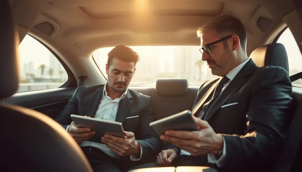 An executive working in a spacious, luxurious backseat of a sleek black sedan, deep in thought while analyzing documents on a tablet. The chauffeur, dressed in a sharp, professional uniform, is focused on the road ahead, showcasing reliability and professionalism. Through the window, a cityscape of Dubai with its iconic skyline, palm trees, and vibrant atmosphere forms the background. Gentle sunlight filters through the tinted windows, creating a warm and inviting ambiance. The scene captures the essence of comfort, efficiency, and exclusivity, emphasizing the benefits of having a personal driver. The image should convey a sense of trust and capability, highlighting the seamless experience of executives on the go. An executive working in a spacious, luxurious backseat of a sleek black sedan, deep in thought while analyzing documents on a tablet. The chauffeur, dressed in a sharp, professional uniform, is focused on the road ahead, showcasing reliability and professionalism. Through the window, a cityscape of Dubai with its iconic skyline, palm trees, and vibrant atmosphere forms the background. Gentle sunlight filters through the tinted windows, creating a warm and inviting ambiance. The scene captures the essence of comfort, efficiency, and exclusivity, emphasizing the benefits of having a personal driver. The image should convey a sense of trust and capability, highlighting the seamless experience of executives on the go.