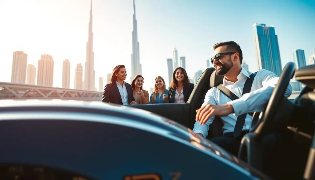 A professional, safe driver service in Dubai, showcasing a sleek and modern car in the foreground, driven by a well-dressed driver wearing a crisp white shirt and dark trousers. In the middle, a diverse group of passengers engaging with the driver, smiling and appearing relaxed, dressed in smart casual outfits. The background features iconic Dubai architecture, such as the Burj Khalifa and other modern skyscrapers under a clear blue sky. Soft, natural lighting enhances the scene, creating a warm and welcoming atmosphere. Capture the image from a slightly elevated angle, focusing on the interaction between the driver and passengers, to highlight the trust and reliability of safe driver services. A professional, safe driver service in Dubai, showcasing a sleek and modern car in the foreground, driven by a well-dressed driver wearing a crisp white shirt and dark trousers. In the middle, a diverse group of passengers engaging with the driver, smiling and appearing relaxed, dressed in smart casual outfits. The background features iconic Dubai architecture, such as the Burj Khalifa and other modern skyscrapers under a clear blue sky. Soft, natural lighting enhances the scene, creating a warm and welcoming atmosphere. Capture the image from a slightly elevated angle, focusing on the interaction between the driver and passengers, to highlight the trust and reliability of safe driver services.