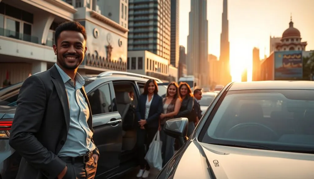 A bustling urban scene in Dubai showcasing a safe driver service. In the foreground, a friendly, professional driver in smart casual attire stands beside a sleek, luxurious vehicle, ready to assist passengers. In the middle ground, diverse passengers of various ethnicities, including a family and a businessperson, are entering the car, looking pleased and relaxed. The background features iconic Dubai landmarks like the Burj Khalifa and traditional architecture, bathed in warm, golden sunset lighting. The mood is inviting and reassuring, suggesting reliability and safety. Use a wide-angle lens to capture the dynamic layout, enhancing the atmosphere of a thriving city life combined with professional transportation services. A bustling urban scene in Dubai showcasing a safe driver service. In the foreground, a friendly, professional driver in smart casual attire stands beside a sleek, luxurious vehicle, ready to assist passengers. In the middle ground, diverse passengers of various ethnicities, including a family and a businessperson, are entering the car, looking pleased and relaxed. The background features iconic Dubai landmarks like the Burj Khalifa and traditional architecture, bathed in warm, golden sunset lighting. The mood is inviting and reassuring, suggesting reliability and safety. Use a wide-angle lens to capture the dynamic layout, enhancing the atmosphere of a thriving city life combined with professional transportation services.