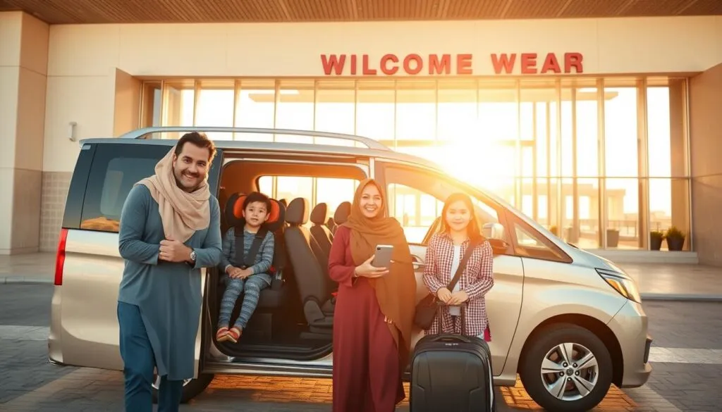 A cozy family-friendly airport transportation scene, featuring a modern minivan parked in front of a bright, welcoming airport terminal in the UAE. In the foreground, a happy family of four dressed in modest casual clothing, with two children safely buckled in car seats. The middle includes the minivan's open sliding door with luggage neatly organized in the back. In the background, the airport terminal showcases an inviting entrance with large glass windows reflecting the bright desert sun. The lighting is warm and soft, suggesting early morning or late afternoon. The atmosphere feels safe, friendly, and accommodating, capturing the essence of reliable airport transfers for families. Shot at eye level with a wide-angle lens to capture both the vehicle and the lively terminal setting. A cozy family-friendly airport transportation scene, featuring a modern minivan parked in front of a bright, welcoming airport terminal in the UAE. In the foreground, a happy family of four dressed in modest casual clothing, with two children safely buckled in car seats. The middle includes the minivan's open sliding door with luggage neatly organized in the back. In the background, the airport terminal showcases an inviting entrance with large glass windows reflecting the bright desert sun. The lighting is warm and soft, suggesting early morning or late afternoon. The atmosphere feels safe, friendly, and accommodating, capturing the essence of reliable airport transfers for families. Shot at eye level with a wide-angle lens to capture both the vehicle and the lively terminal setting.