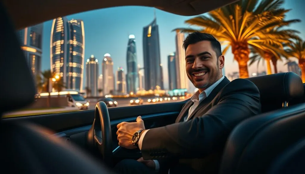 A stylish designated driver in Dubai, wearing a tailored suit, guiding a luxurious sedan through a vibrant cityscape at dusk. In the foreground, focus on the driver, confidently gripping the steering wheel, with a friendly smile, conveying professionalism and reliability. The middle ground reveals the illuminated skyscrapers of Dubai, showcasing their unique and modern architectural designs, expertly lit against the soft glow of twilight. In the background, palm trees sway gently, enhancing the urban atmosphere. The scene is captured with a shallow depth of field to emphasize the driver while softly blurring the surroundings. Warm, inviting lighting creates a sense of safety and comfort, ideal for a designated driving service, illustrating the benefits of choosing a designated driver in Dubai. A stylish designated driver in Dubai, wearing a tailored suit, guiding a luxurious sedan through a vibrant cityscape at dusk. In the foreground, focus on the driver, confidently gripping the steering wheel, with a friendly smile, conveying professionalism and reliability. The middle ground reveals the illuminated skyscrapers of Dubai, showcasing their unique and modern architectural designs, expertly lit against the soft glow of twilight. In the background, palm trees sway gently, enhancing the urban atmosphere. The scene is captured with a shallow depth of field to emphasize the driver while softly blurring the surroundings. Warm, inviting lighting creates a sense of safety and comfort, ideal for a designated driving service, illustrating the benefits of choosing a designated driver in Dubai.
