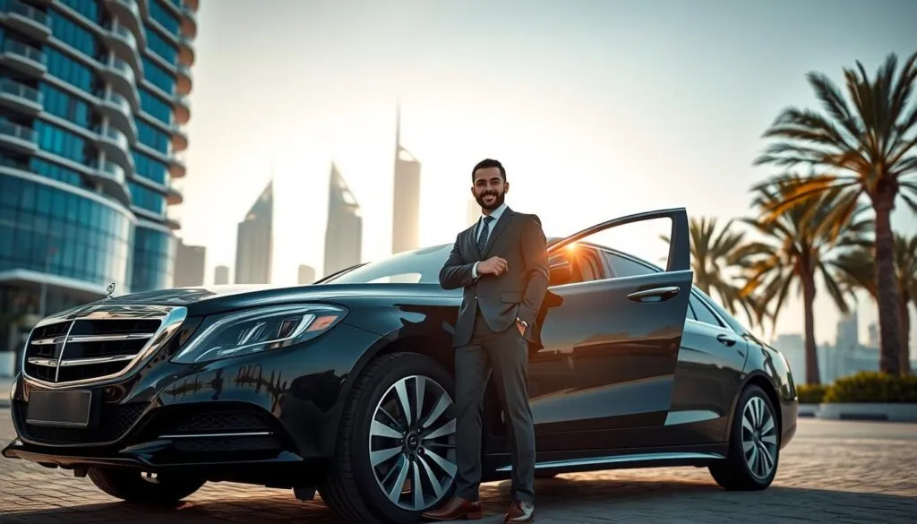 A luxurious, sleek black sedan parked in front of a modern, high-end high-rise building in Dubai, symbolizing reliability and convenience in transportation. In the foreground, a confident, well-dressed male driver stands beside the car, attentively holding the door open with a welcoming smile. The middle ground shows the stylish architecture of the Dubai skyline under a bright blue sky, with the sun casting soft, warm lighting, accentuating the polished surfaces of the car. In the background, palm trees sway gently, adding a touch of exotic elegance to the scene. The overall atmosphere is professional and inviting, conveying the essence of dependable daily service tailored for discerning clients.