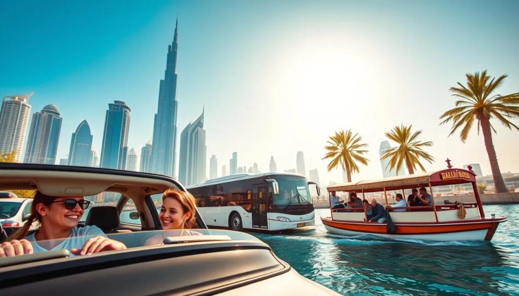 A vibrant scene showcasing various transportation options between Dubai and Sharjah. In the foreground, a family enjoys a ride in a modern, family-friendly car, smiling and engaging with each other. The middle ground features a sleek bus with passengers boarding, and a traditional Abra boat navigating the creek, highlighting cultural transport. In the background, iconic Dubai skyscrapers and the Sharjah skyline rise against a clear blue sky, with palm trees swaying gently. The lighting is bright and warm, evoking a sunny day perfect for travel. The image should convey a sense of adventure, convenience, and a family-friendly atmosphere, captured with a wide-angle lens to emphasize the bustling transport scene. A vibrant scene showcasing various transportation options between Dubai and Sharjah. In the foreground, a family enjoys a ride in a modern, family-friendly car, smiling and engaging with each other. The middle ground features a sleek bus with passengers boarding, and a traditional Abra boat navigating the creek, highlighting cultural transport. In the background, iconic Dubai skyscrapers and the Sharjah skyline rise against a clear blue sky, with palm trees swaying gently. The lighting is bright and warm, evoking a sunny day perfect for travel. The image should convey a sense of adventure, convenience, and a family-friendly atmosphere, captured with a wide-angle lens to emphasize the bustling transport scene.