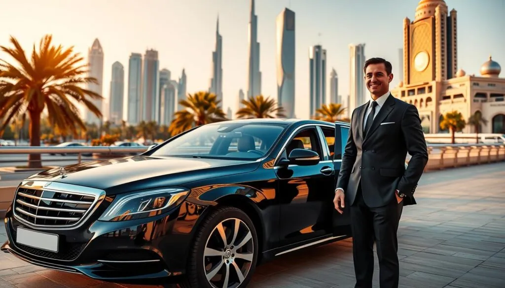 A luxurious chauffeur service in the UAE, featuring a sleek black luxury sedan parked elegantly in a modern urban setting. In the foreground, a professional chauffeur in a smart black suit stands by the car door, ready to assist, with a polite smile and a welcoming posture. The middle ground showcases the vibrant Dubai skyline, with iconic skyscrapers and palm trees basking in the warm golden sunlight, reflecting the opulence of the city. In the background, hints of Sharjah's architecture can be seen, blending traditional and contemporary styles. Soft, warm lighting enhances the inviting atmosphere, creating a sense of comfort and sophistication. Capture the scene from a slightly elevated angle, offering a panoramic view that evokes a feeling of premium service and luxury travel. A luxurious chauffeur service in the UAE, featuring a sleek black luxury sedan parked elegantly in a modern urban setting. In the foreground, a professional chauffeur in a smart black suit stands by the car door, ready to assist, with a polite smile and a welcoming posture. The middle ground showcases the vibrant Dubai skyline, with iconic skyscrapers and palm trees basking in the warm golden sunlight, reflecting the opulence of the city. In the background, hints of Sharjah's architecture can be seen, blending traditional and contemporary styles. Soft, warm lighting enhances the inviting atmosphere, creating a sense of comfort and sophistication. Capture the scene from a slightly elevated angle, offering a panoramic view that evokes a feeling of premium service and luxury travel.