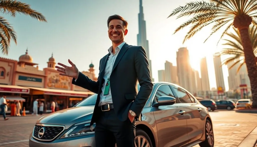 A professional driver guide standing next to a luxurious sedan in a vibrant Dubai setting. In the foreground, the guide is wearing smart casual attire, smiling and gesturing towards the iconic Burj Khalifa in the background. The middle ground features traditional souks and modern skyscrapers, emphasizing the contrast of old and new. The skyline is bathed in warm golden sunlight, creating a welcoming and vibrant atmosphere. Incorporate palm trees swaying gently in the breeze to add tropical flair. Use a wide-angle lens perspective to capture the expanse of the city, with a focus on the driver guide and the vehicle. The overall mood should be inviting and adventurous, highlighting the convenience and knowledge a driver guide brings to exploring Dubai.